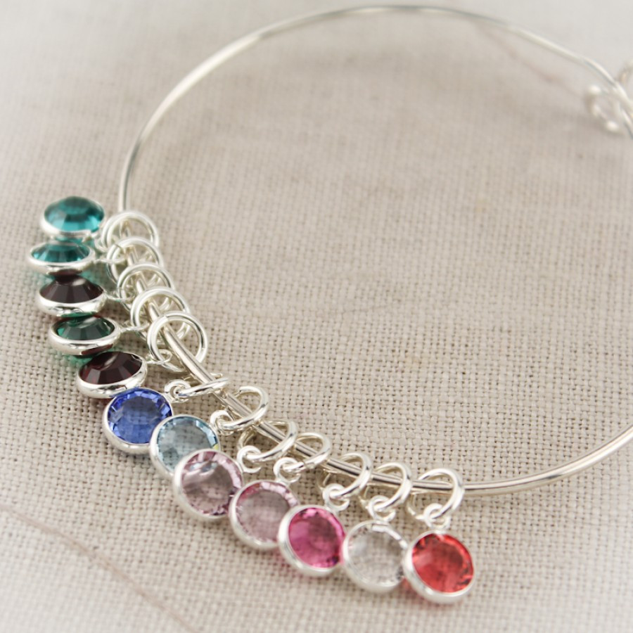 Birthstone Charms For Bracelets
 Silver Mother or Grandmother Bangle Bracelet with