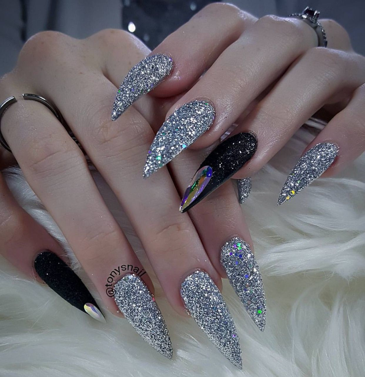 Black And Silver Glitter Nails
 Fierce custom long black and silver glitter stiletto nails