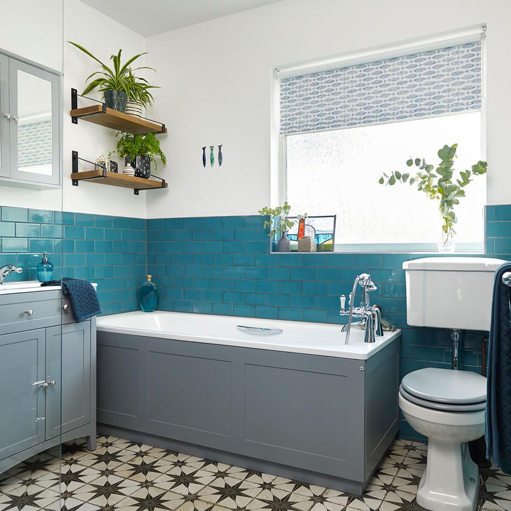 Blue And Gray Bathroom Decor
 Teal blue bathroom makeover with patterned floor and grey