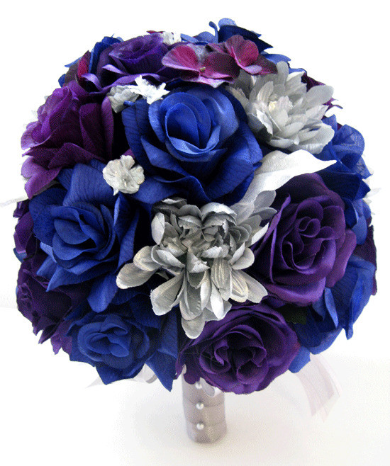 Blue And Purple Wedding Flowers
 17 piece Wedding Bouquet Silk Flower Bridal ROYAL BLUE