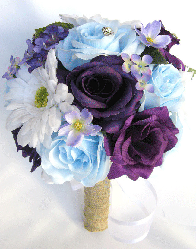 Blue And Purple Wedding Flowers
 17 pc package Wedding Bouquets Bridal Silk Flower PURPLE