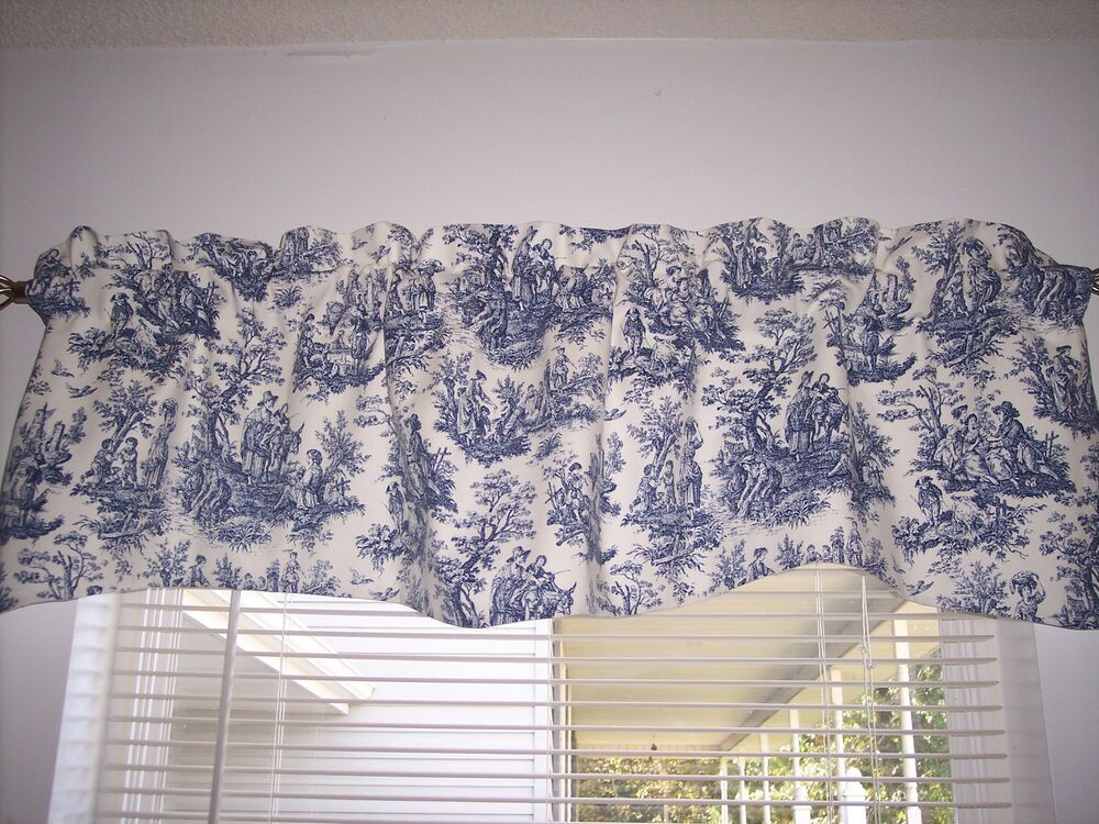 Blue And White Kitchen Curtains
 NAVY DELFT BLUE WHITE WAVERLY Rustic Toile Scalloped Lined