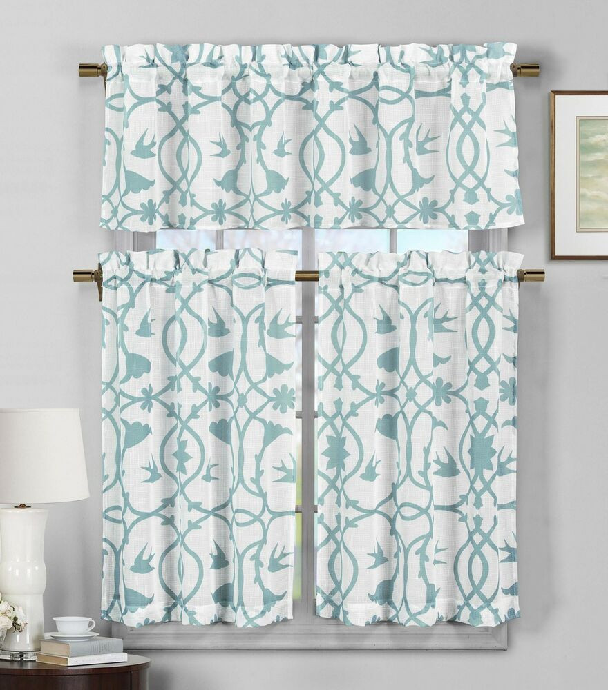 Blue And White Kitchen Curtains
 3 Piece Semi Sheer Window Curtain Set Teal Blue and White