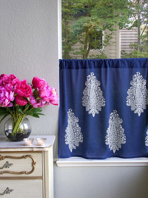 Blue And White Kitchen Curtains
 Navy blue kitchen cafe curtain White paisley