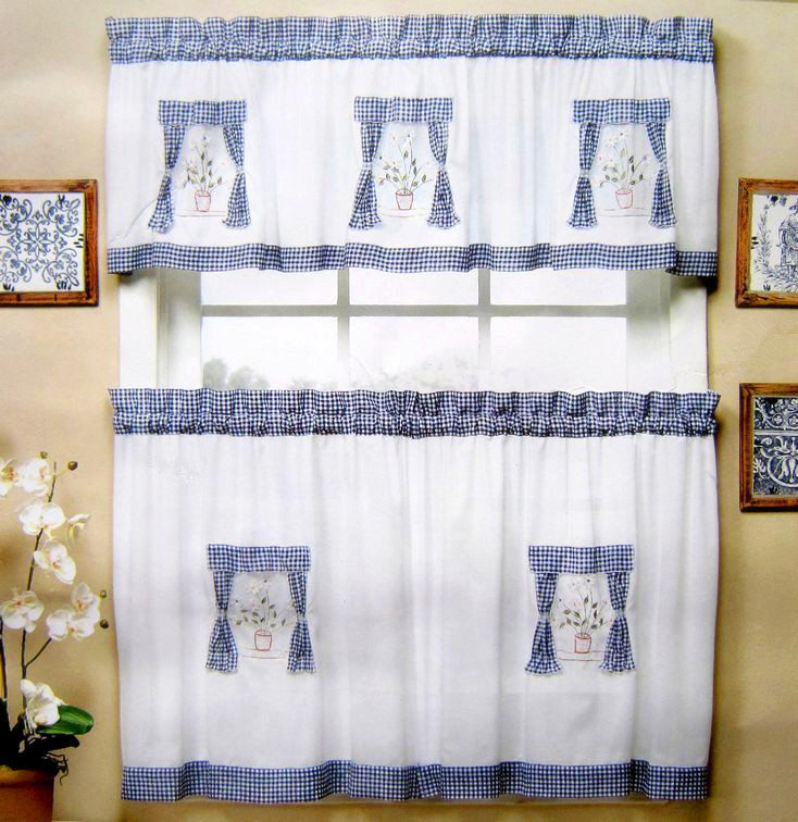 Blue And White Kitchen Curtains
 American style fabric embroidered kitchen curtain set semi