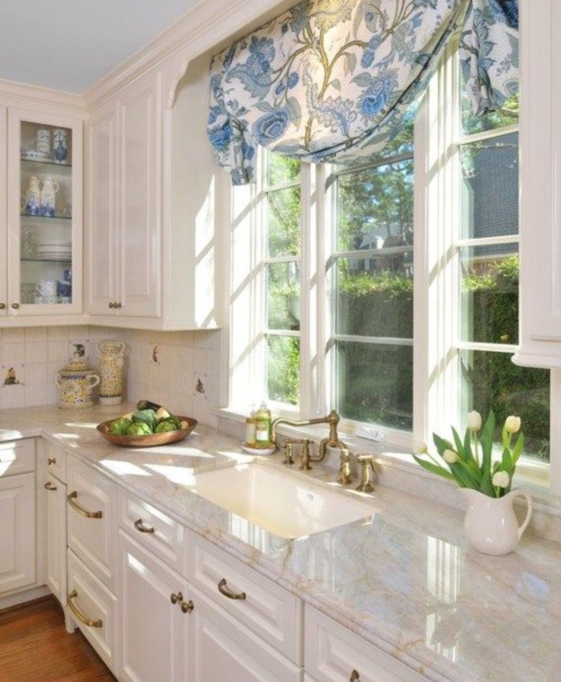 Blue And White Kitchen Curtains
 blue white brass marble kitchen Blue ceiling