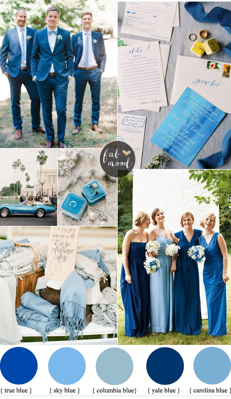 Blue Color Wedding Themes
 Mismatched blue bridesmaid dresses for a blue wedding theme