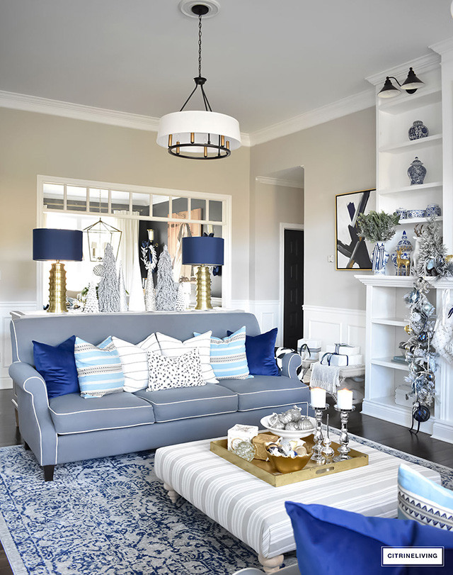 Blue Living Room Decor
 CHRISTMAS HOME TOUR LIVING ROOM WITH BLUE WHITE AND GOLD