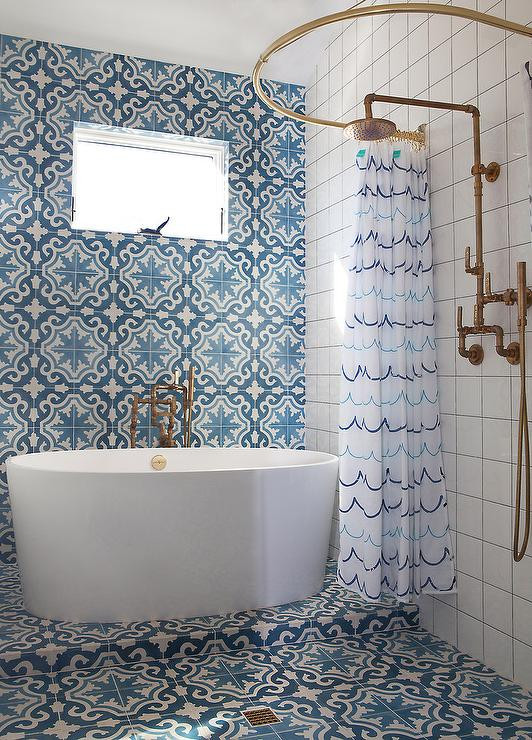 Blue Mosaic Bathroom Tiles
 Blue Mosaic Cement Shower Tiles Mediterranean Bathroom