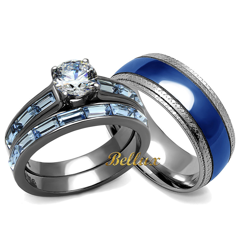 Blue Wedding Ring Set
 His & Hers Blue Wedding Rings Set Women s 3 24 Ct Rings