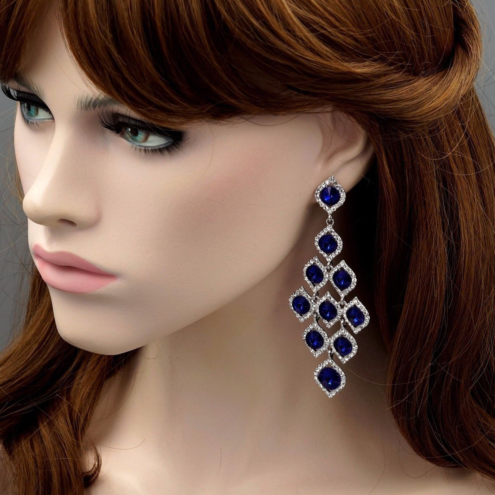 Body Jewelry Prom
 Rhodium Plated Blue Crystal Rhinestone Prom Earrings