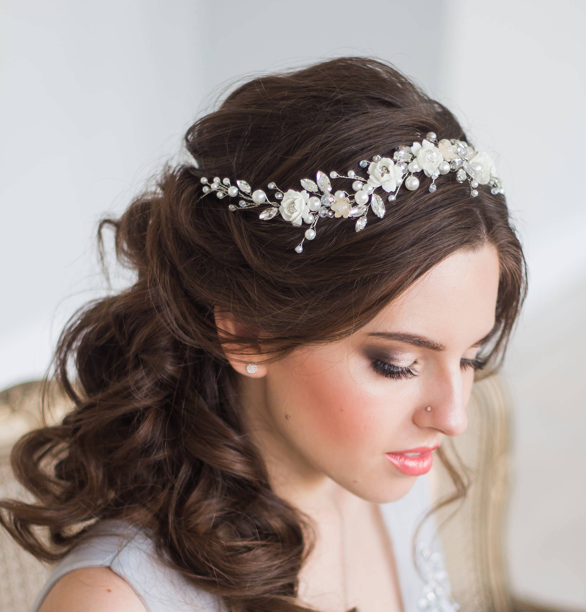 Brides Hairstyles With Tiara
 BLOOM Bridal hair vine wedding tiara diadem pearl hair