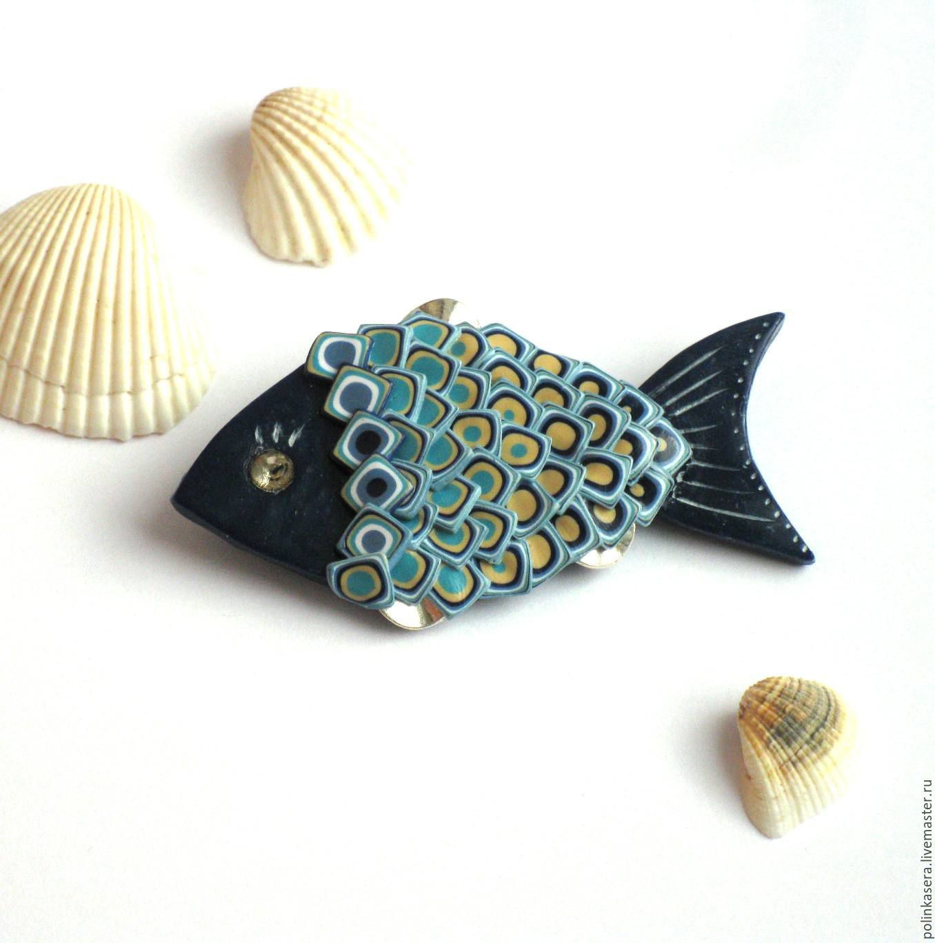 Brooches Clay
 Brooch made of polymer clay "Fish" handmade blue – купить