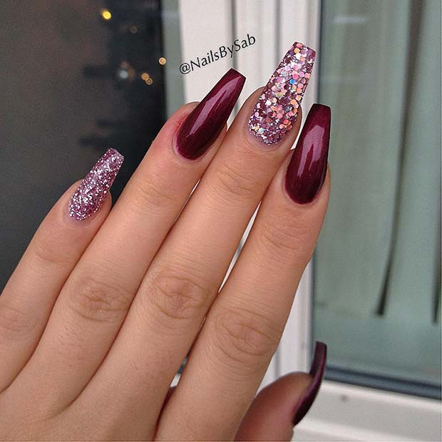 Burgundy Glitter Nails
 43 Beautiful Nail Art Designs for Coffin Nails