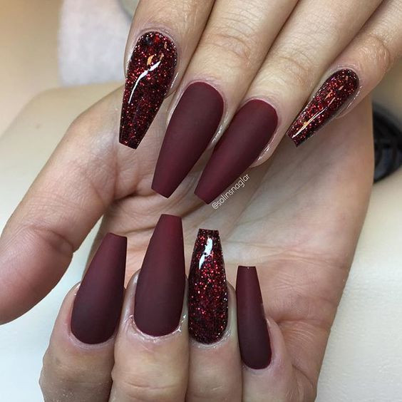 Burgundy Glitter Nails
 Very long burgundy matte gel nails with glitter LadyStyle