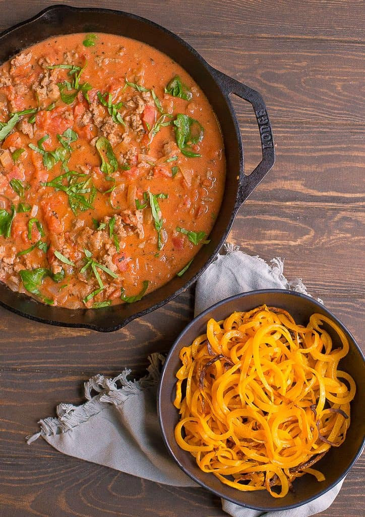 Butternut Squash Noodles Paleo
 Butternut Squash Noodles with Tomato Basil Sausage Cream