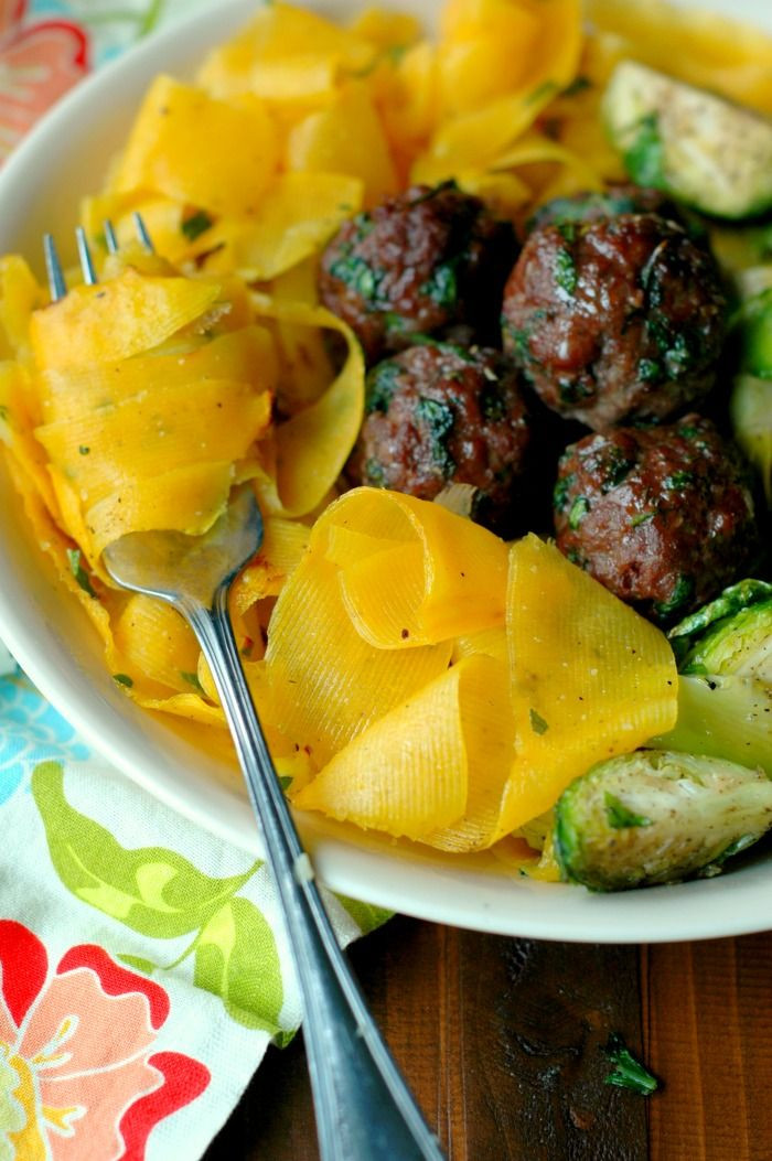 Butternut Squash Noodles Paleo
 Paleo Herb Roasted Grassfed Meatballs and Brussel Sprouts