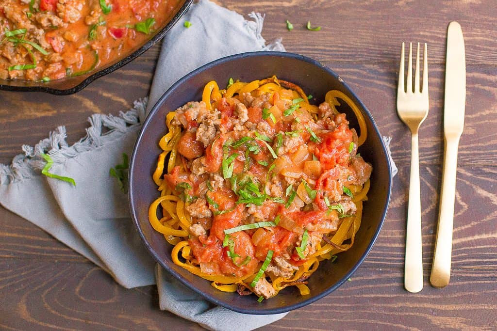 Butternut Squash Noodles Paleo
 Butternut Squash Noodles with Tomato Basil Sausage Cream