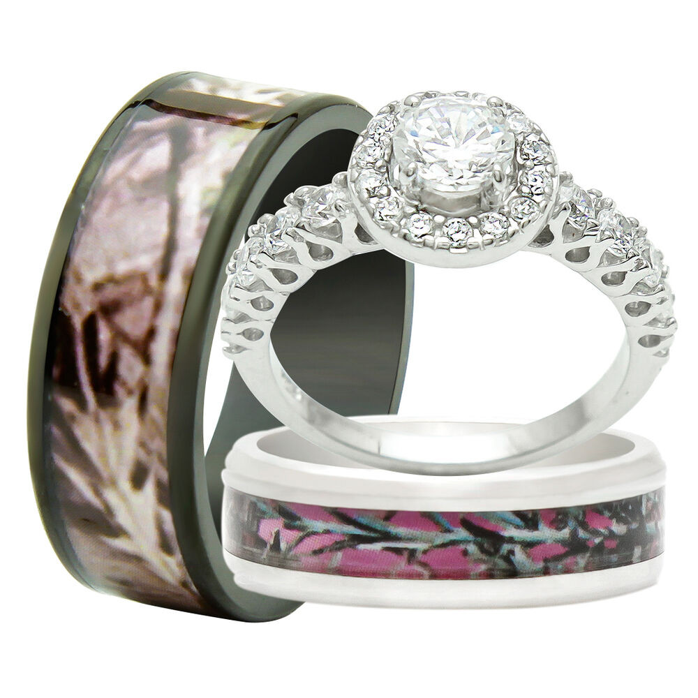 Camo Wedding Ring Sets His And Hers
 His and Hers 3PCS Titanium Camo 925 Sterling Silver