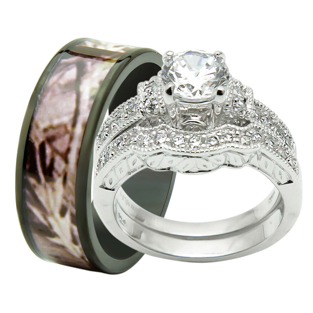 Camo Wedding Ring Sets His And Hers
 His & Hers 3PCS Titanium Camo 925 Sterling Silver