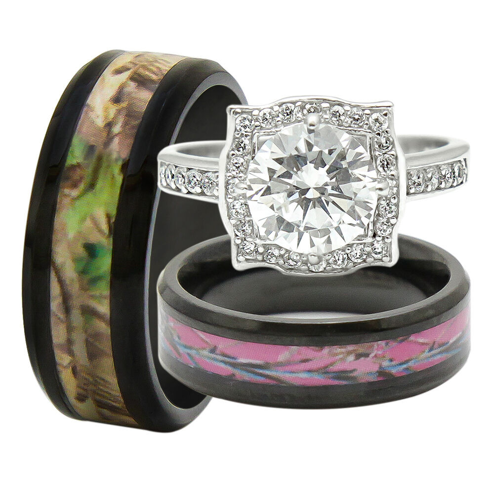 Camo Wedding Ring Sets His And Hers
 His and Hers 3PCS Titanium Camo 925 Sterling Silver