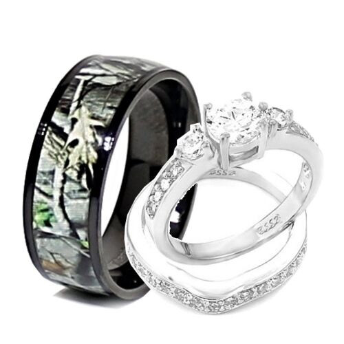 Camo Wedding Ring Sets His And Hers
 His and Hers 3pcs Titanium Camo 925 STERLING SILVER