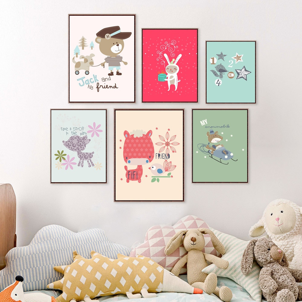 Canvas Art For Kids Room
 Cute Animal Cartoon Canvas Painting Wall Stickers For Kids