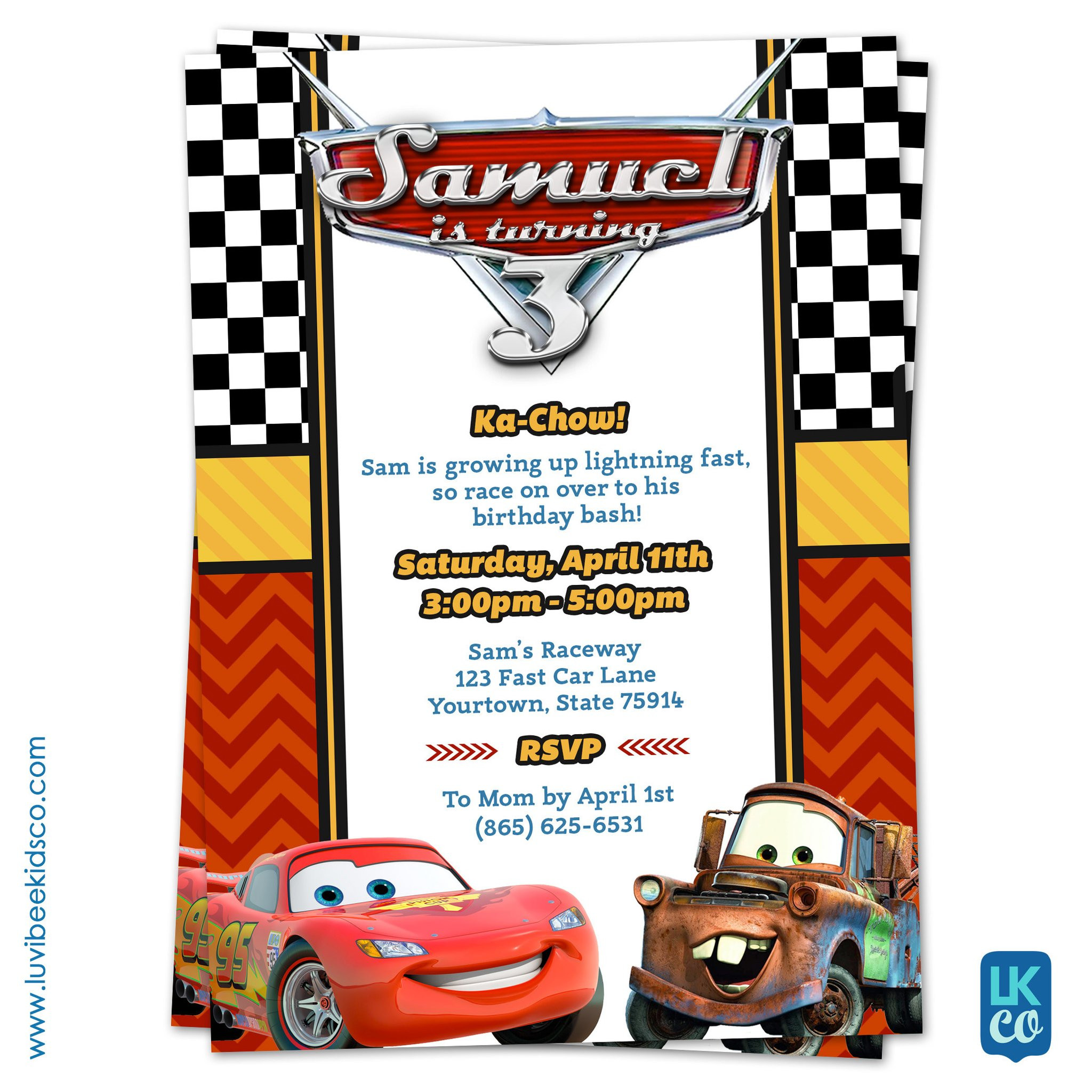 Cars Birthday Invitation
 Cars Lightning McQueen Birthday Invitation