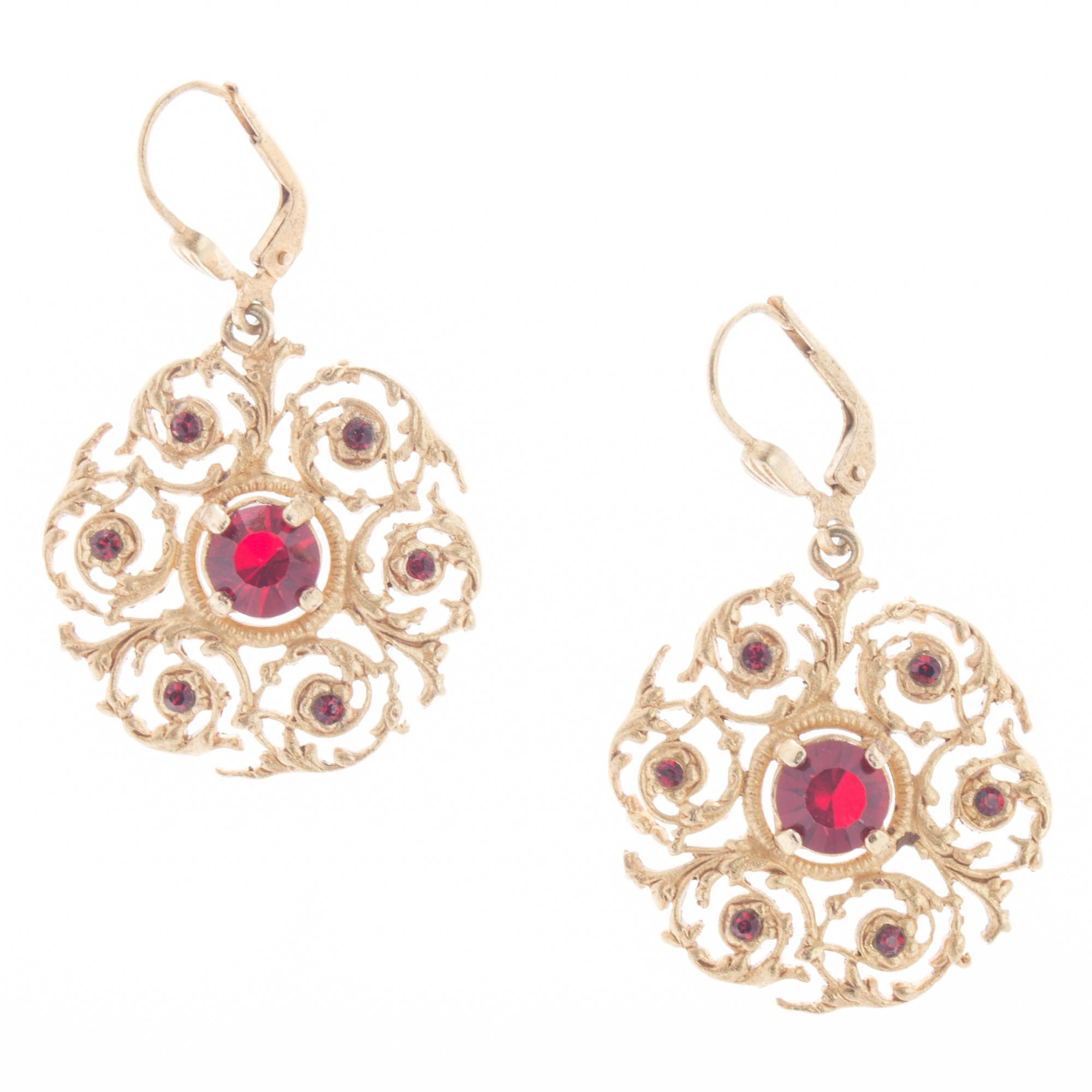 Catherine Popesco Earrings
 Catherine Popesco Gold Filigree Swirl Siam Red Crystal