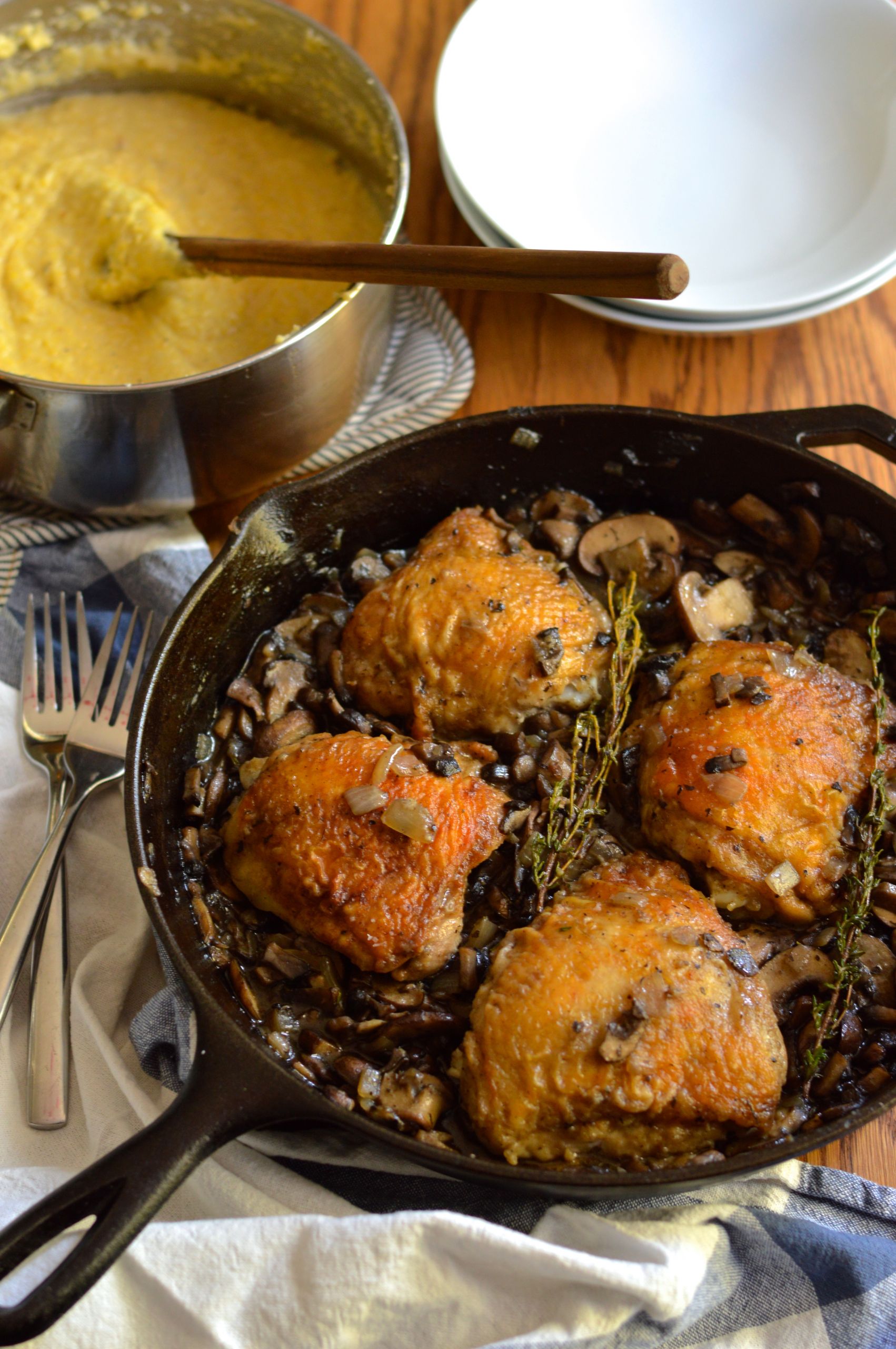 Chicken Thighs Mushroom
 Braised Chicken Thighs with Mushrooms and Creamy Polenta