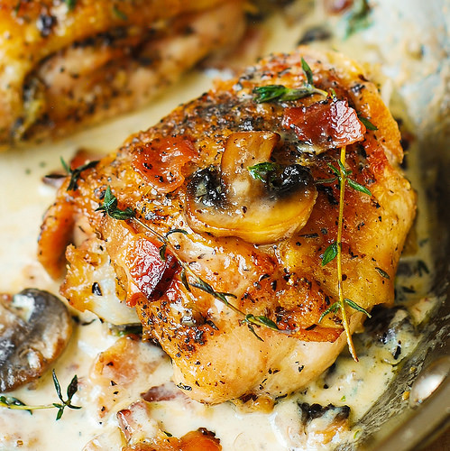 Chicken Thighs Mushroom
 Chicken Thighs with Creamy Bacon Mushroom Thyme Sauce