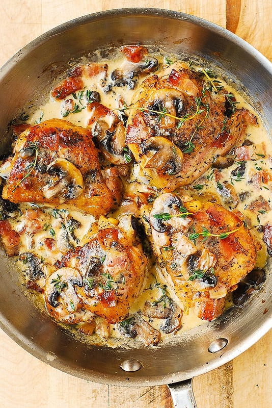 Chicken Thighs Mushroom
 Chicken Thighs with Creamy Bacon Mushroom Thyme Sauce