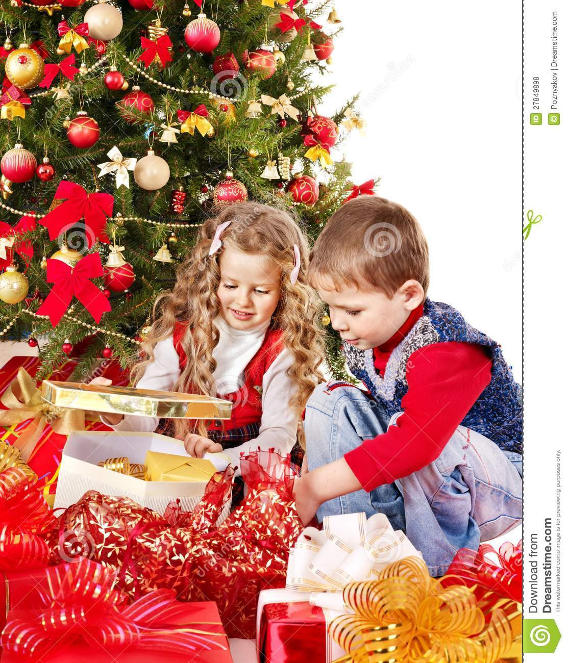 Children Gift
 Children With Gift Box Near Christmas Tree Stock