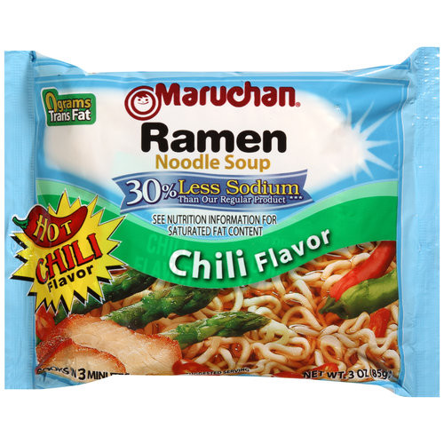 Chili Flavored Ramen Noodles
 Maruchan Less Sodium Hot Chili Flavor Ramen Noodle Soup 3