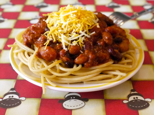 Chili On Spaghetti
 Four Bean Chili Spaghetti