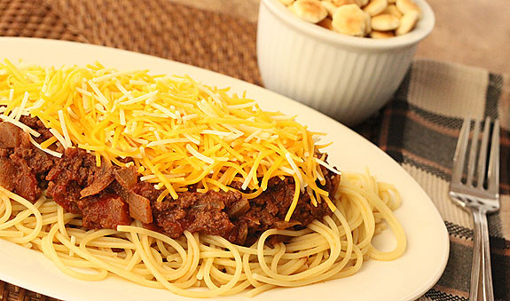 Chili On Spaghetti
 Cincinnati Chili with Spaghetti and Cheddar Cheese