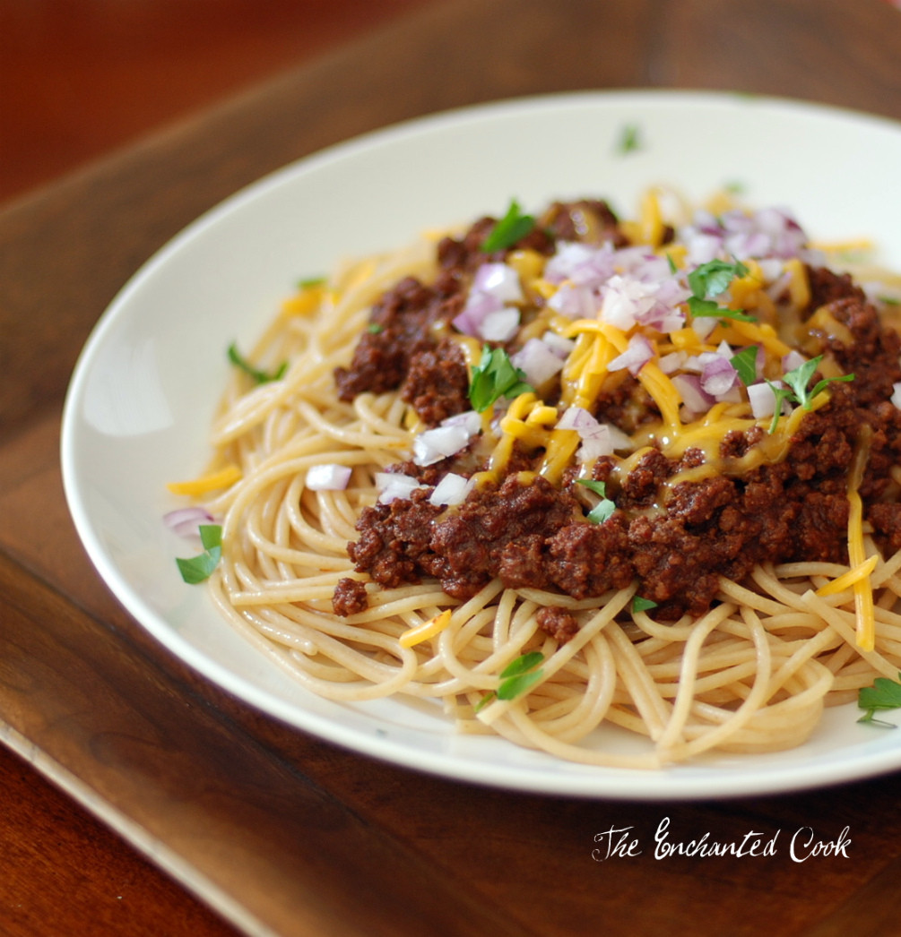 Chili On Spaghetti
 The Enchanted Cook Beer Chili Spaghetti