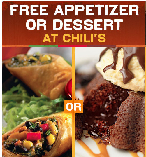 Chili'S Dessert Coupon
 HOT Chili’s Coupon for a FREE Dessert or Appetizer