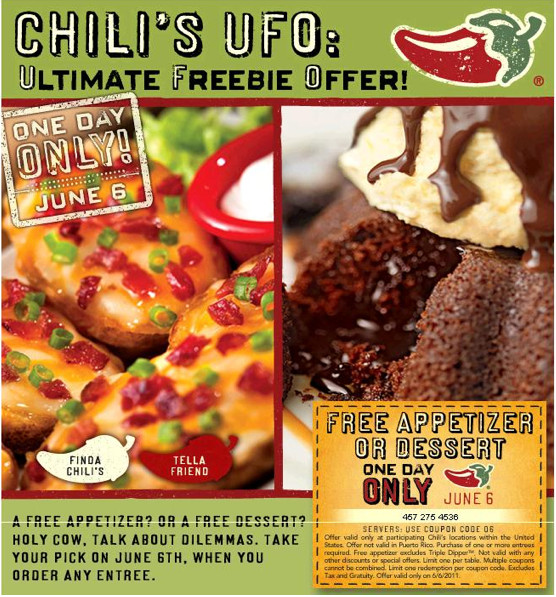 Chili'S Dessert Coupon
 Chili’s FREE Appetizer or Dessert Coupons 6 6 ONLY