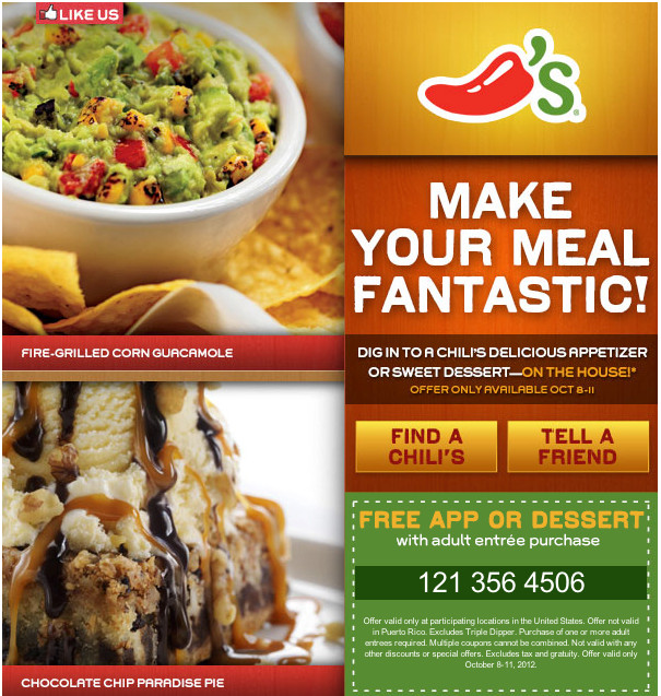 Chili'S Dessert Coupon
 Chili s Free App or Dessert Printable Coupon