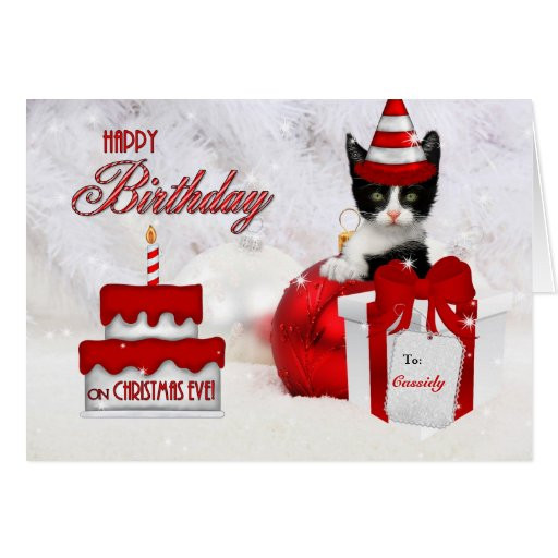 Christmas Birthday Wishes
 Birthday on Christmas Eve Cat and Cake Card