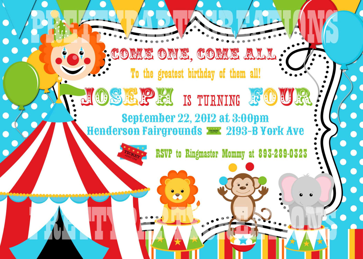 Circus Birthday Invitations
 Colorful CIRCUS birthday invitation YOU PRINT digital file