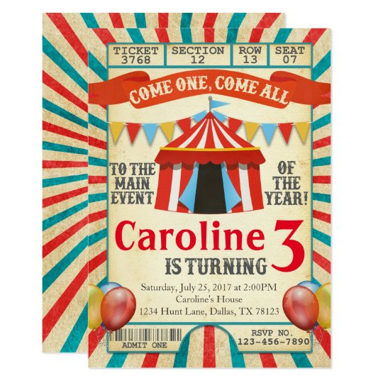 Circus Birthday Invitations
 Carnival Circus Ticket Birthday Party Invitation