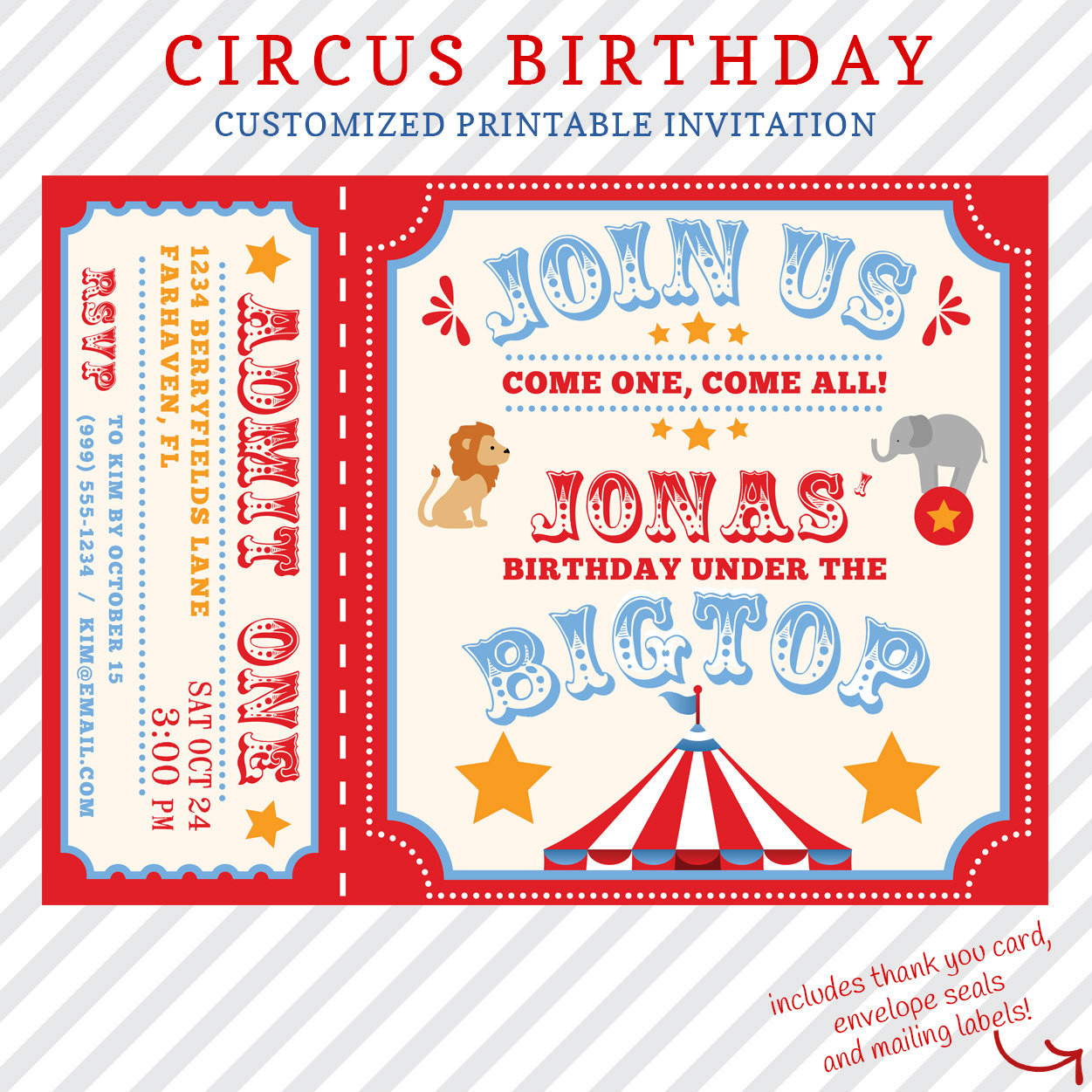 Circus Birthday Invitations
 Circus Birthday Invitation Printable custom invitation with