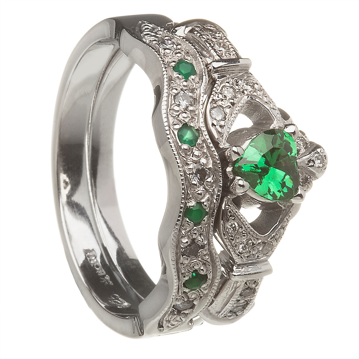 Claddagh Wedding Ring Sets
 14k White Gold Emerald Set Heart Claddagh Ring & Wedding