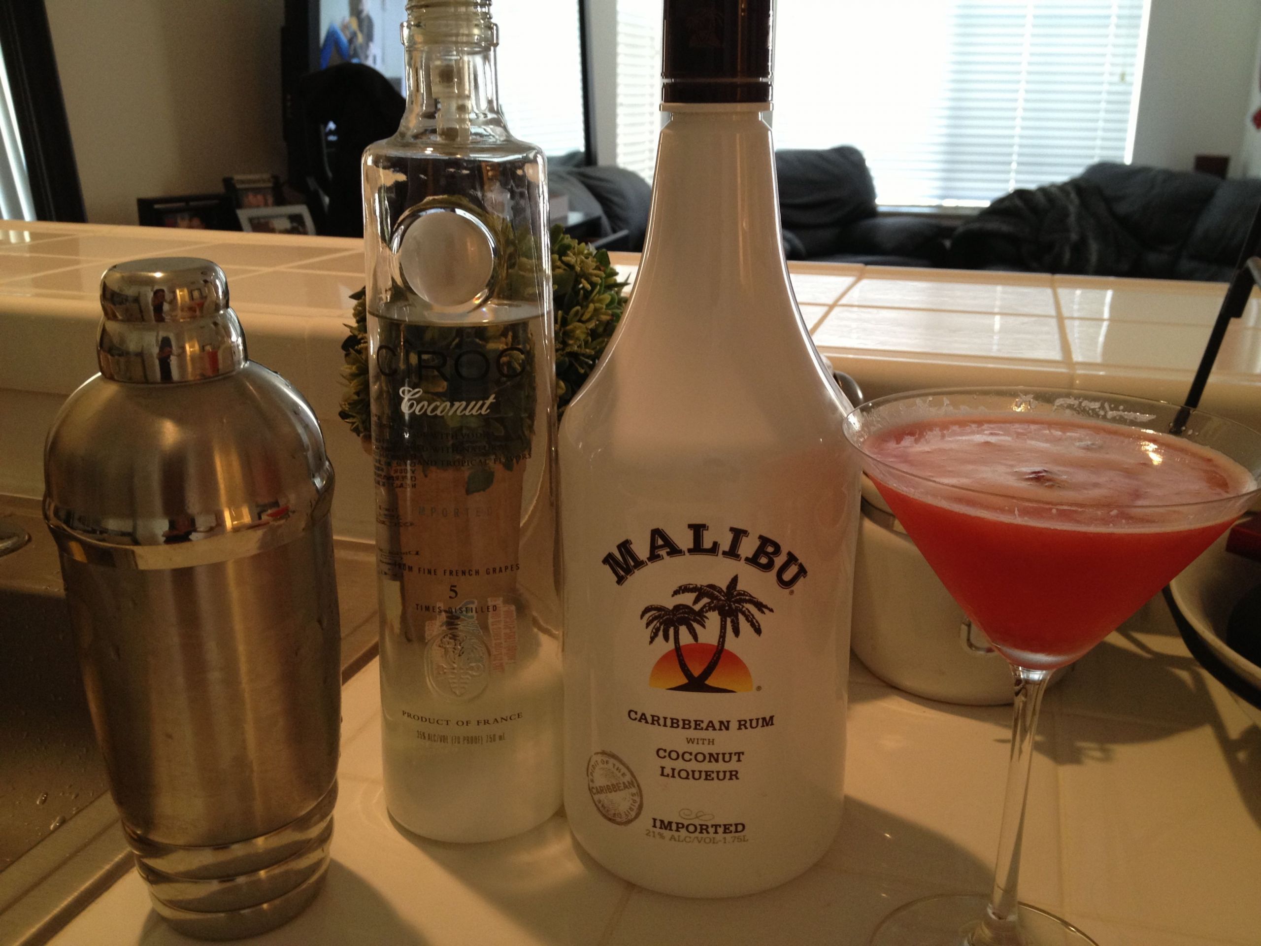 Coconut Vodka Drinks
 Pink Passion 2oz Malibu rum 1oz Ciroc coconut vodka 1