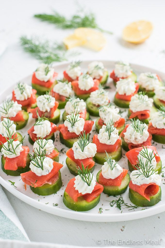 Cold Seafood Appetizers
 Mini Cucumber Smoked Salmon Appetizer Bites with Lemon