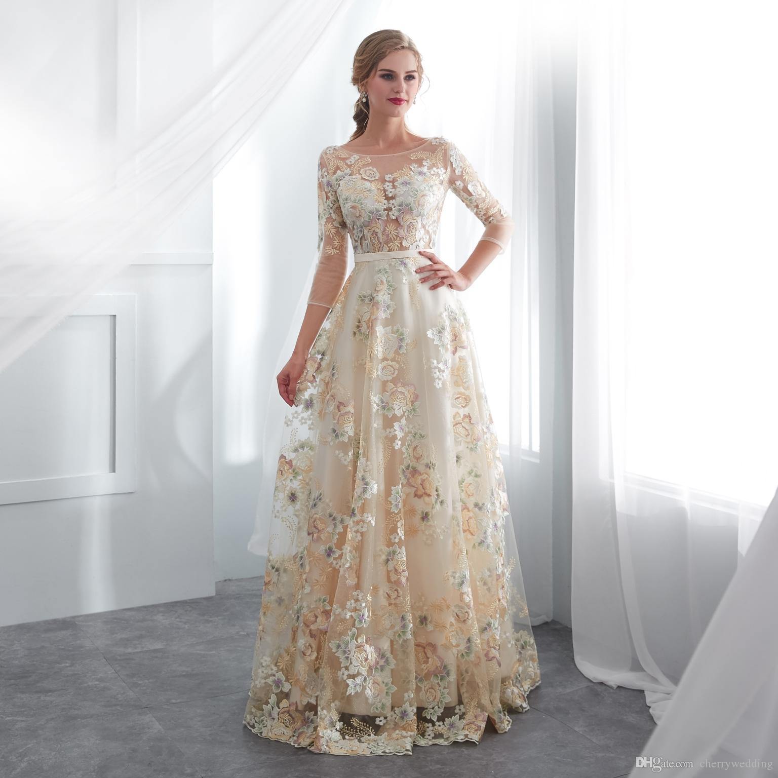 Colored Wedding Dresses With Sleeves
 Colored Wedding Dresses Long Sleeves Lace Romantic Bridal