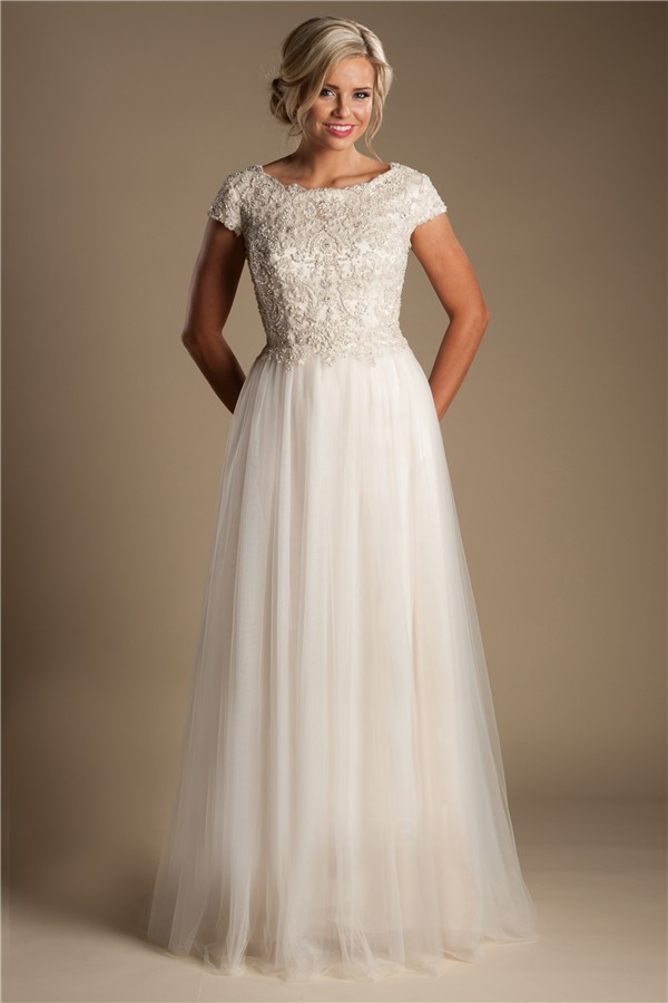 Colored Wedding Dresses With Sleeves
 Modest A Line Champagne Colored Tulle Beaded Wedding Dress