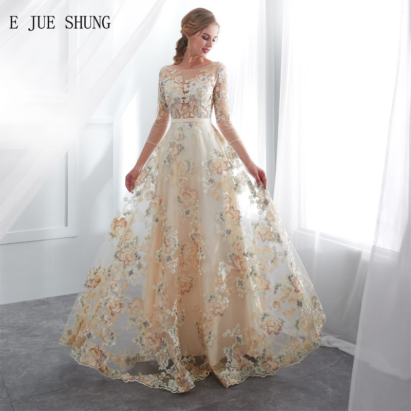 Colored Wedding Dresses With Sleeves
 E JUE SHUNG Champagne Colored Lace Boho Wedding Dresses 3